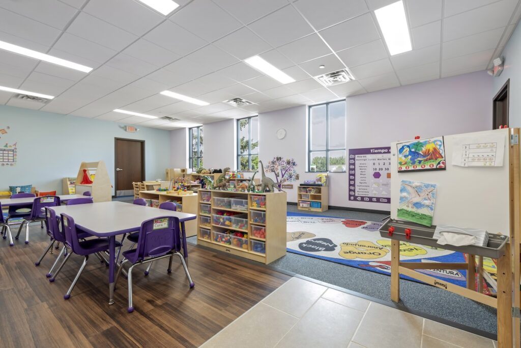 The Yankee Doodle facility preschool classroom, filled with toys and spaces for kids to learn.
